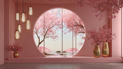 Pink room with a round window looking out to cherry blossoms on water