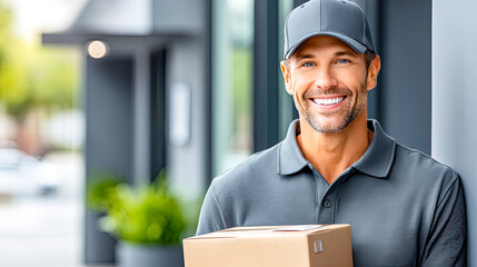 Paketbote mit Kartons in urbaner Umgebung. Szenen zu Kurierdiensten, E-Commerce, Lieferung und moderner Logistik. Mitarbeiter im Zustelldienst für Transport, Versand und internationale Lieferketten.