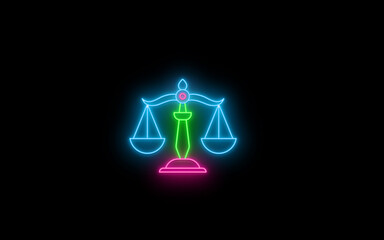 Neon glowing color legal and justice icon on black background. Neon 3d law legal scale courthouse. Bright Justice scales icon of law equality fairness balance judgment legal court decision.