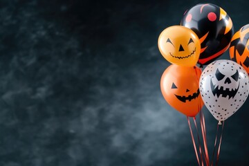 Spooky halloween balloons with jack-o'-lantern faces and festive bokeh background