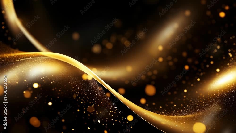 Poster abstract video background with flowing golden waves and bokeh lights. captured from a dynamic angle,