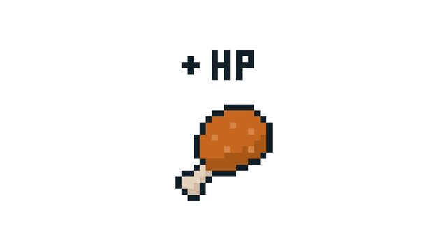 8-bit pixel art fried chicken drumstick +HP icon looped animation 4k 30fps