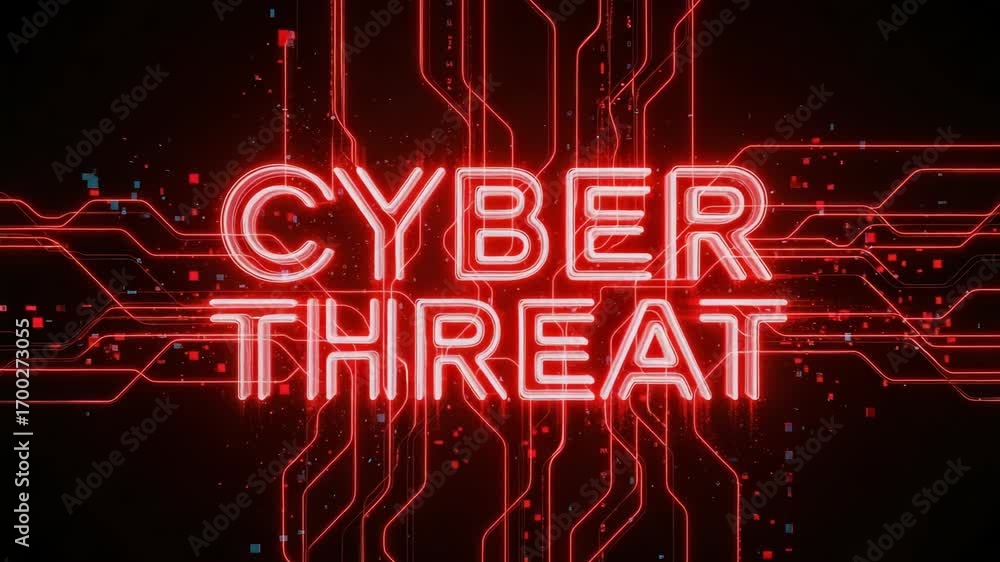 Poster cyber threat against computer networks with red neon light is a growing danger. concept of cyber thr