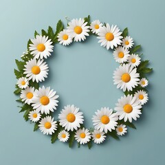 Beautiful wreath of white daisies and green leaves arranged in a circle on a soft blue background