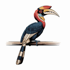 Obraz premium Colorful Hornbill on Branch Illustration