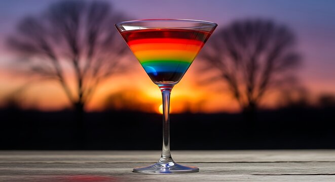 Rainbow layered cocktail in a martini glass against a dramatic sunset sky with silhouetted trees