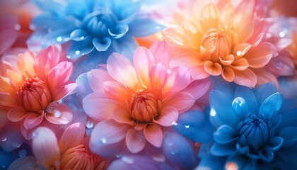 Obraz premium Close Up Of Delicate Pink Blue And Orange Flowers With Soft Glowing Petals And Scattered Small Flower Petals Creating A Dreamy And Gentle Atmosphere