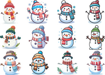 Cute Snowman Vector Set &ndash; Cartoon Christmas and Winter Holiday Illustrations Bundle