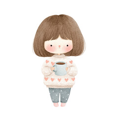 Fototapeta premium Cute Girl with Coffee Mug Watercolor Illustration.