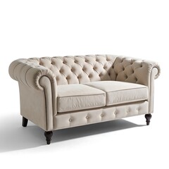 A light beige Chesterfield sofa with classic button tufting and dark wood legs is showcased against a plain white background.