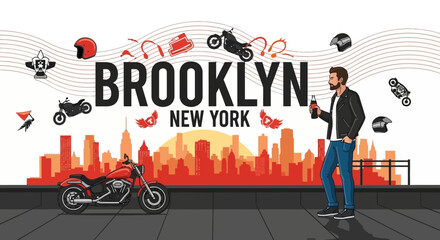 Brooklyn Vibes: A Motorcycle Rider with a Cityscape Backdrop and Urban Lifestyle Elements