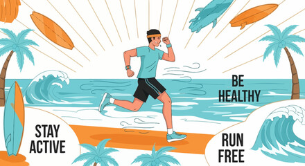 Illustration of a Man Running on a Beach Promoting Health and Active Lifestyle Choices