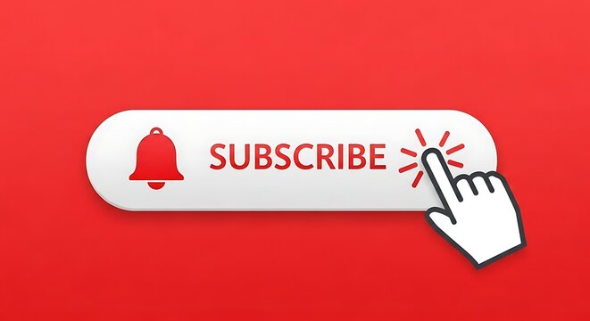 Red subscribe button with a bell icon and a cursor clicking on it, representing online engagement and channel subscriptions