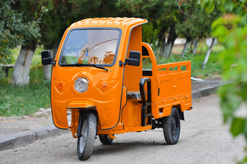 Orange electric cargo tuk tuk in the park