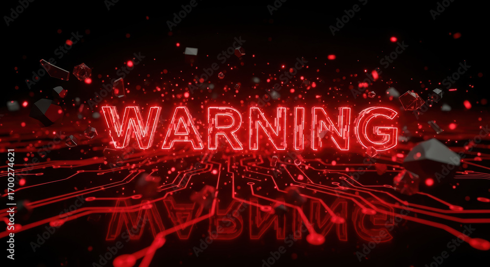 Poster glowing warning sign displayed in red with digital reflections and shattered concrete effect. danger