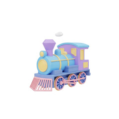 Cute 3d rendered toy train with pastel colors and a cloud