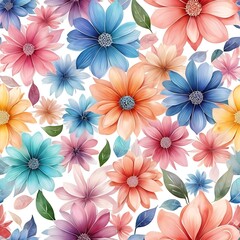 Vibrant watercolor floral pattern with a variety of colorful blooms and green leaves