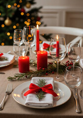 Elegant christmas table setting with red candles and festive decor