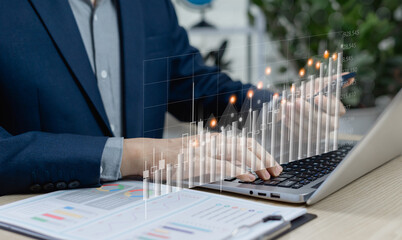 Sales and growth analysis concept with businessman on laptop reviewing charts, leveraging business strategy, digital marketing data, and abstract visualization icons to optimize company performance.