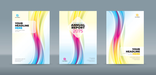 Editable vector A4 book cover templates with vertical bold dynamic colorful wave designs on a bright white background for professional annual report, magazine, booklet, proposal, portfolio, brochure
