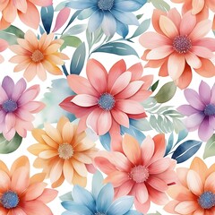 Seamless watercolor floral pattern with vibrant blooming flowers and delicate green leaves