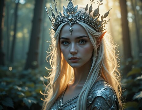 Enchanting elven queen with crown and flowing blonde hair in a sunlit mystical forest.