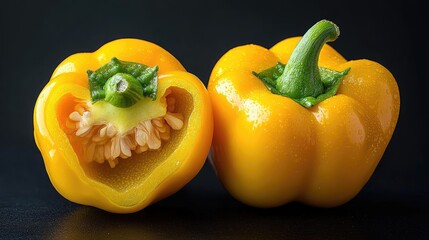 Two halves of yellow bell peppers, heart-shaped cavity, dark background