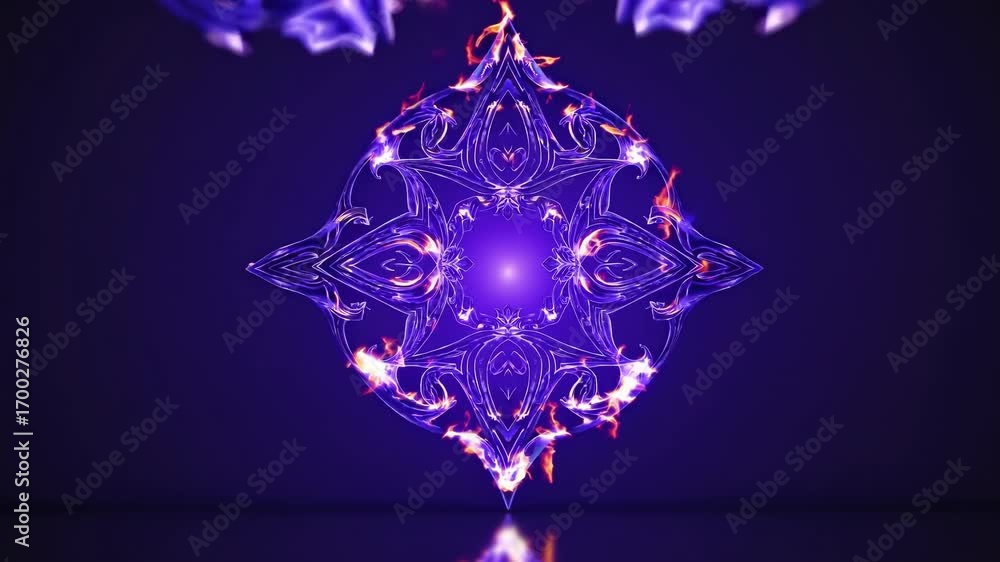 Poster a symmetrical fiery mandala animation with vibrant purple and orange flames set against a dark backg