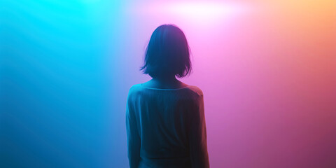 Silhouette of woman standing in colorful gradient neon light
