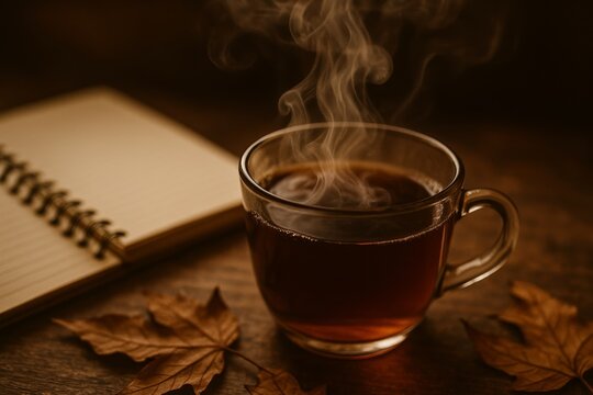Steaming tea in a glass cup with notebook and dry leaves—cozy autumn scene on wood with copy space. - Powered by Adobe