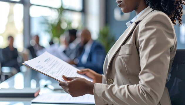 Businesswoman reviewing documents in meeting room - Powered by Adobe