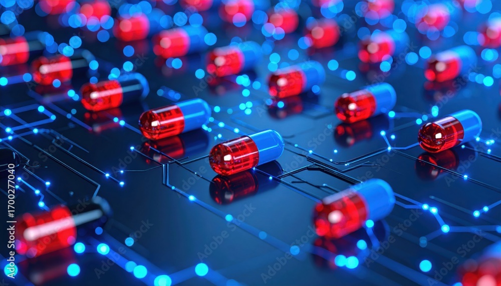 Poster a vibrant digital representation featuring red and blue capsules on a circuit-like background, symbo