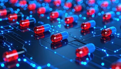 A vibrant digital representation featuring red and blue capsules on a circuit-like background, symbolizing technology and health integration.