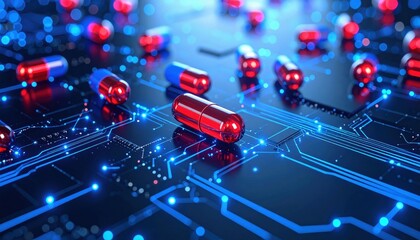 A futuristic digital landscape featuring red capsules on a circuit board, symbolizing the intersection of technology and healthcare.