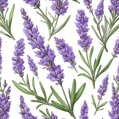 Seamless watercolor pattern of delicate purple lavender flowers and green leaves on a white background