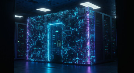 Futuristic Cybersecurity Fortress Secure Digital Data Vault with Glowing Neon Circuits in a High-Tech Server Environment, Symbolizing Advanced Information Protection and Confidentiality
