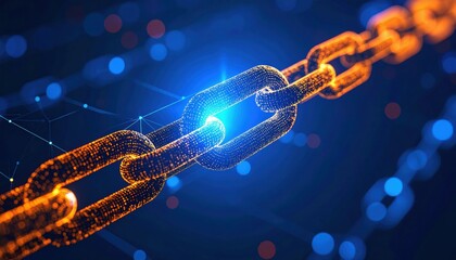 A digital representation of a glowing chain link, symbolizing connectivity and technology in a vibrant, blue and orange color scheme.