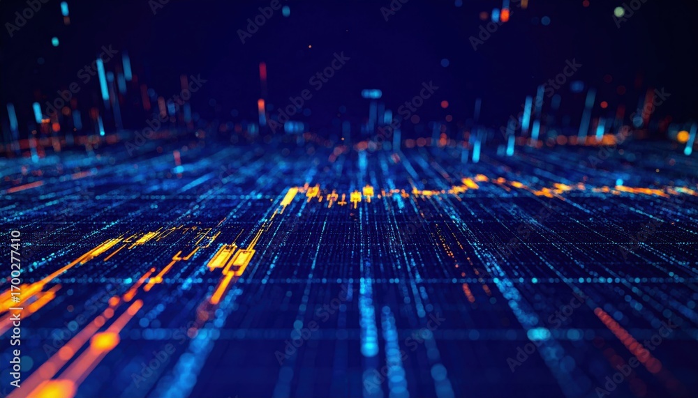 Poster a vibrant digital landscape depicting flowing data streams in blue and orange, representing technolo