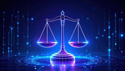 A digital illustration of balanced scales symbolizing justice, surrounded by glowing lines and circles in a futuristic blue theme.