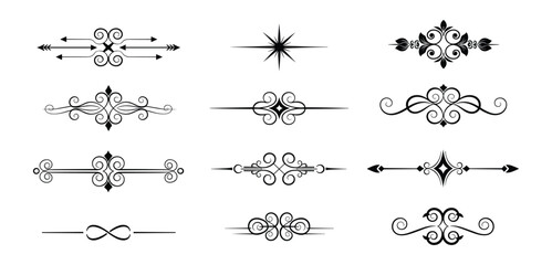 Collection of Black Ornate Dividers Vector Illustration, Decorative Floral Design Elements