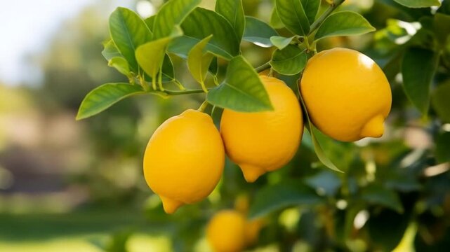 Three bright yellow lemons ripen on a branch with green leaves under natural sunlight, showcasing fresh citrus fruit ready for harvest.
