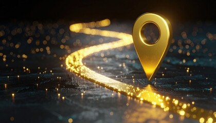 A glowing golden location pin is set against a dark, textured background, with shimmering lights creating a winding path.