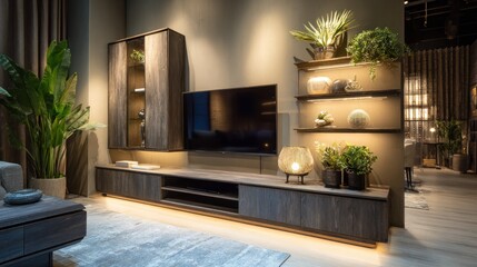 Modern living room design featuring wood furniture, plants, and ambient lighting