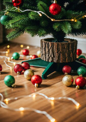 Festive christmas tree base with colorful ornaments and string lights on wooden floor