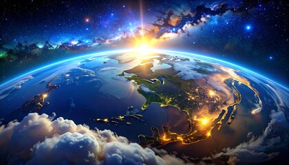 Obraz premium A breathtaking aerial view of Earth, showcasing continents, illuminated city lights, and a vibrant sunrise over the horizon.