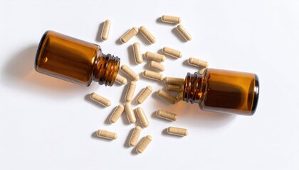 Two brown bottles spill capsules, highlighting health supplements on a clean surface, emphasizing wellness and natural remedies.
