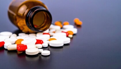 A spilled bottle of various colorful pills and tablets scattered on a dark surface.