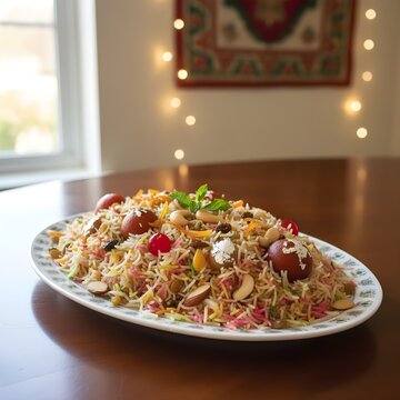 A vibrant and festive sweet zarda rice dish garnished with nuts, dried fruits, cherries, gulab jamuns, and silver leaf &mdash; a luxurious dessert perfect for celebrations and special occasions.