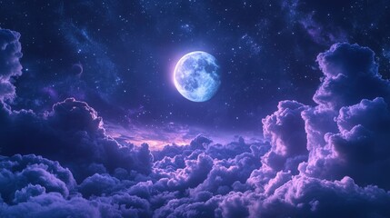 Fototapeta premium A serene night sky featuring a luminous moon surrounded by vibrant, fluffy clouds and a starry backdrop in shades of purple.