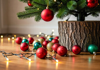 Festive christmas tree with colorful baubles and string lights on wooden floor
